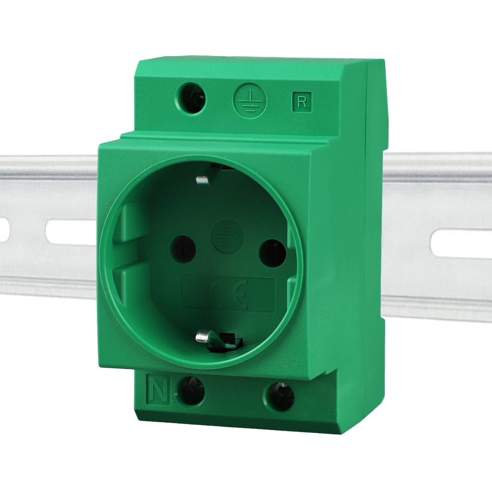Schuko socket for top-hat rail in green, 16A, 230V, 2P+E, for 35mm DIN rail mounting