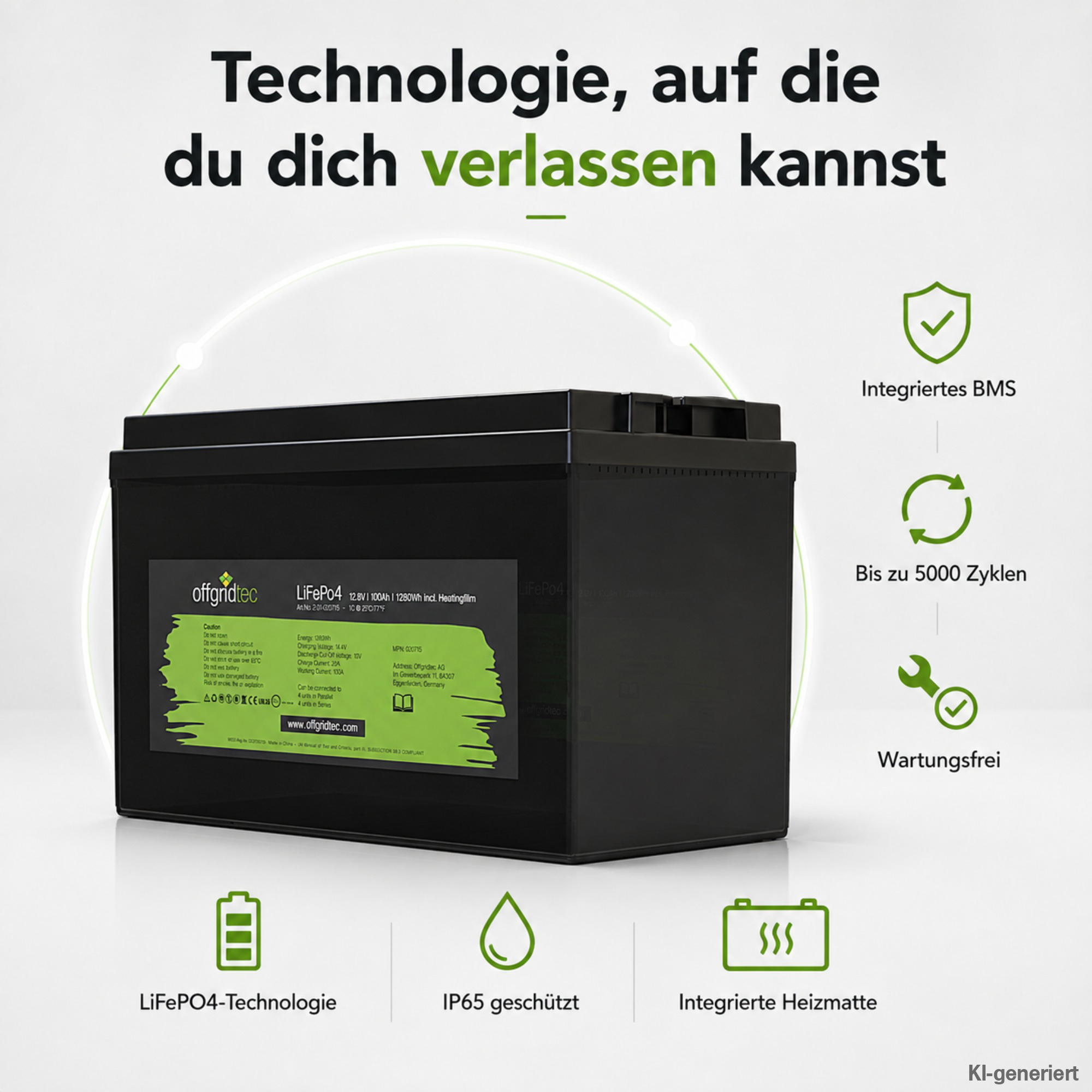 schwarze Offgridtec LiFePO4 Batterie 12V 100Ah mit Heizmatte Verkaufsargumente um Akku herum