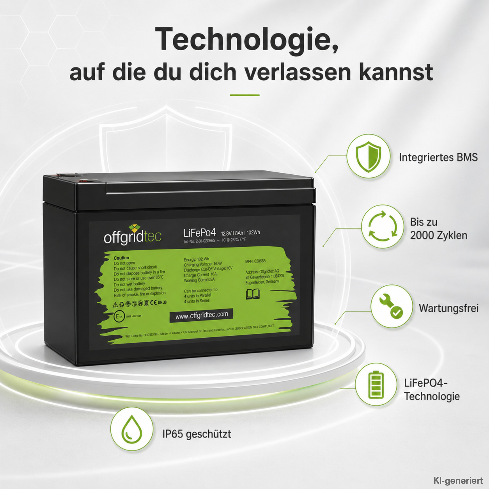 schwarze Offgridtec Batterie 12V 8Ah mit Verkaufsargumenten herum