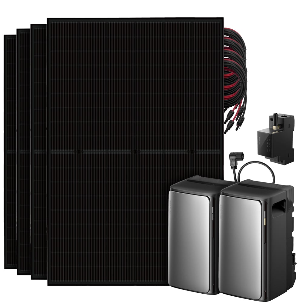Setansicht: 4 Solarmodule, Ecoflow Stream Ultra All-in-One Speicher System, EcoFlow AC Pro Batterie, Stromzähler und Kabel