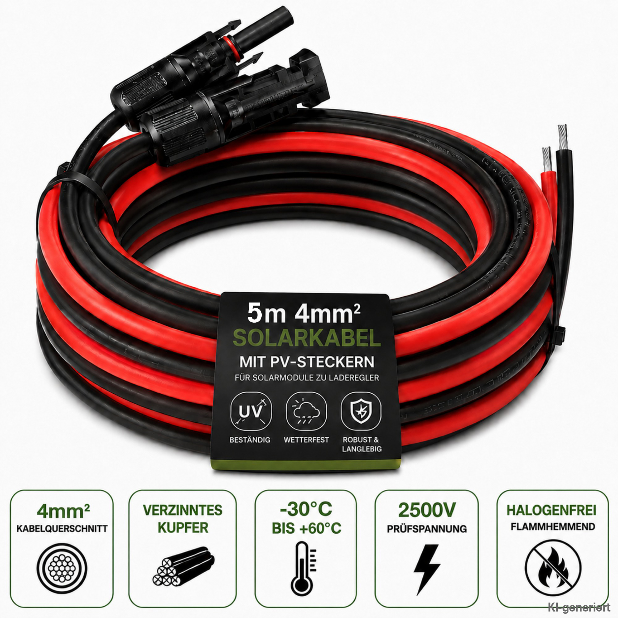 5m 4mm Kabel schwarz und rot mit Solarstecker und offener Litze mit Informationslabel