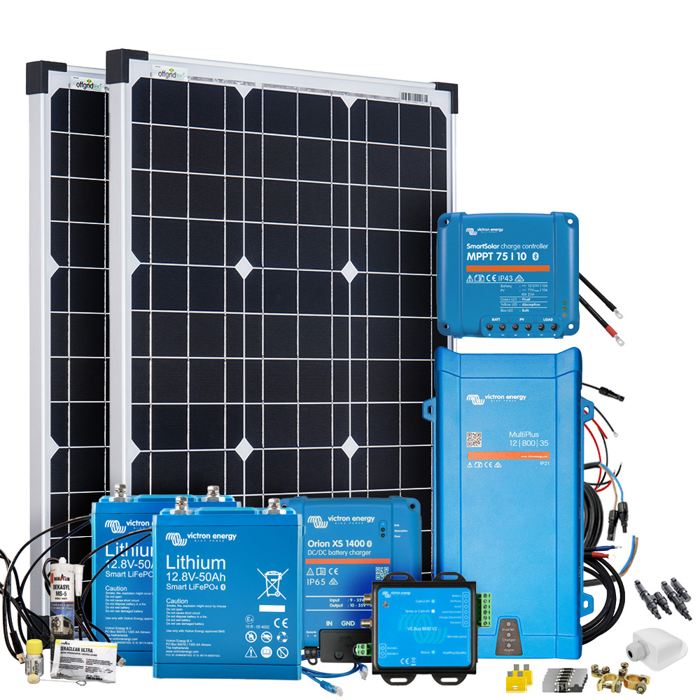 Setansicht: 2 Solarmodule, 2 Victron Batterien mit passendem BMS, MultiPlus, SmartSolar, Orion XS und umfangreichem Zubehör
