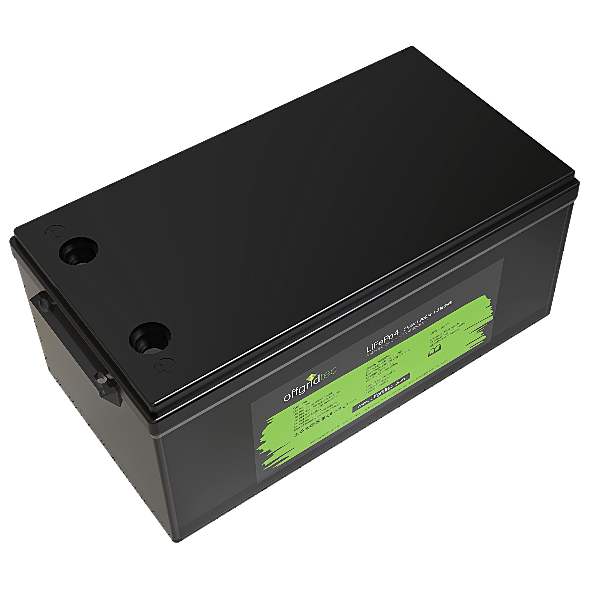 schwarze Offgridtec LiFePO4 Batterie 24V 200Ah Schrägansicht oben links