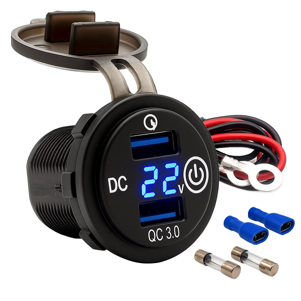 Schwarze USB-Einbausteckdose mit 2x USB-A, blauer LED-Anzeige (22V), Schutzkappe, Kabeln, Flachsteckern und Feinsicherungen