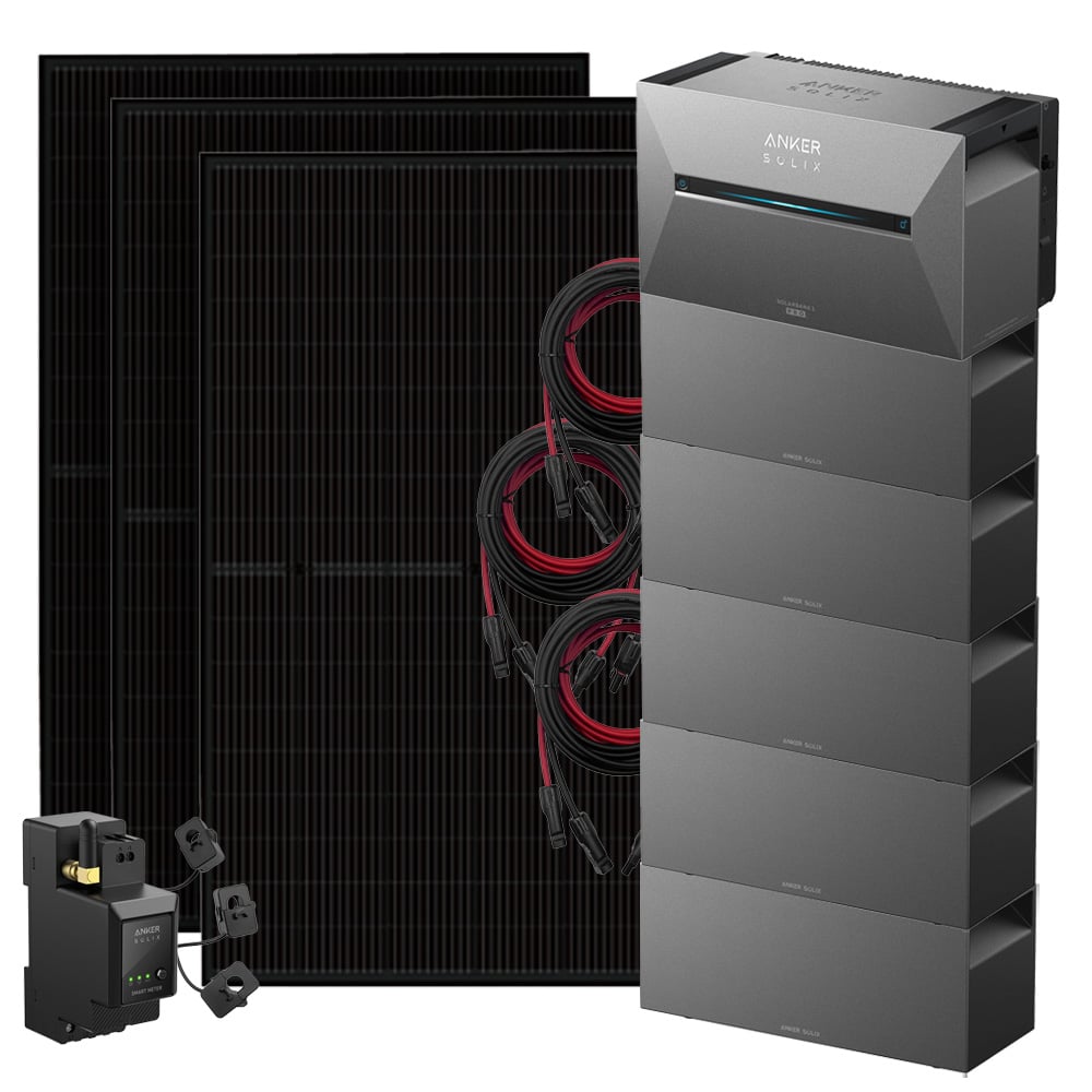 Setansicht: 3x Solarmodule, 1x Solix 3 Solarbank, 5x BP2700 Erweiterungsbatterie, 1x Stromzähler, 3x Kabel-Set
