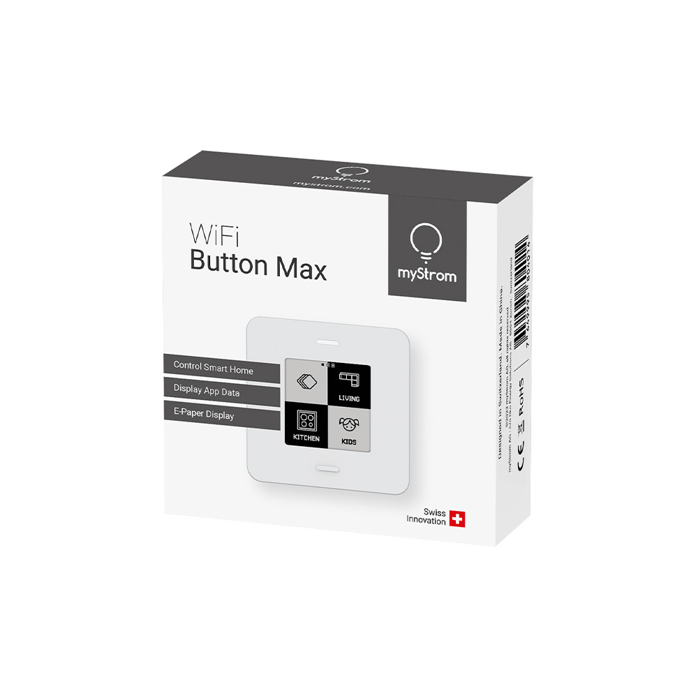 Weißer, quadratischer myStrom WiFi Button Max in seiner Verpackung