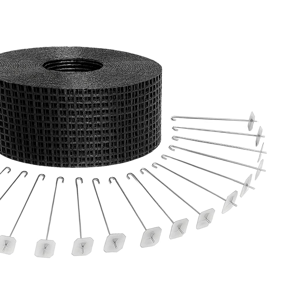 Schwarzes Drahtgitter als Rolle, inklusive Edelstahl J-Haken mit Fixierplatten zur Befestigung
