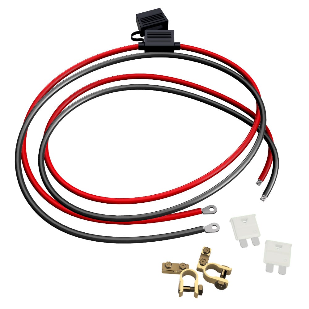 Aufgewickeltes Offgridtec Batteriekabel M8 mit Flachsicherungshalter, schwarz rot inklusive 2x 25A Sicherungen und Polklemmen