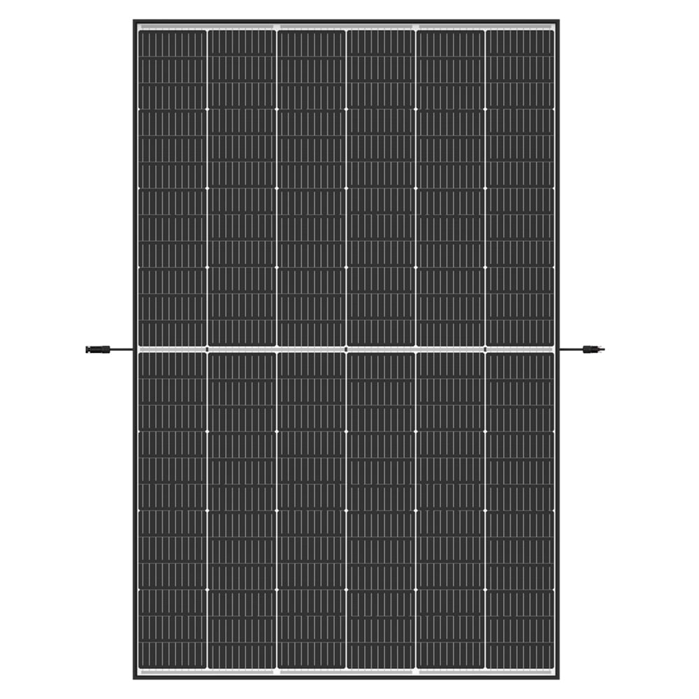 Frontansicht: Trina Solar Vertex S+ Dual-Glas N-Type TopCon Modul 450W mit schwarzem Rahmen; links und rechts Kabel