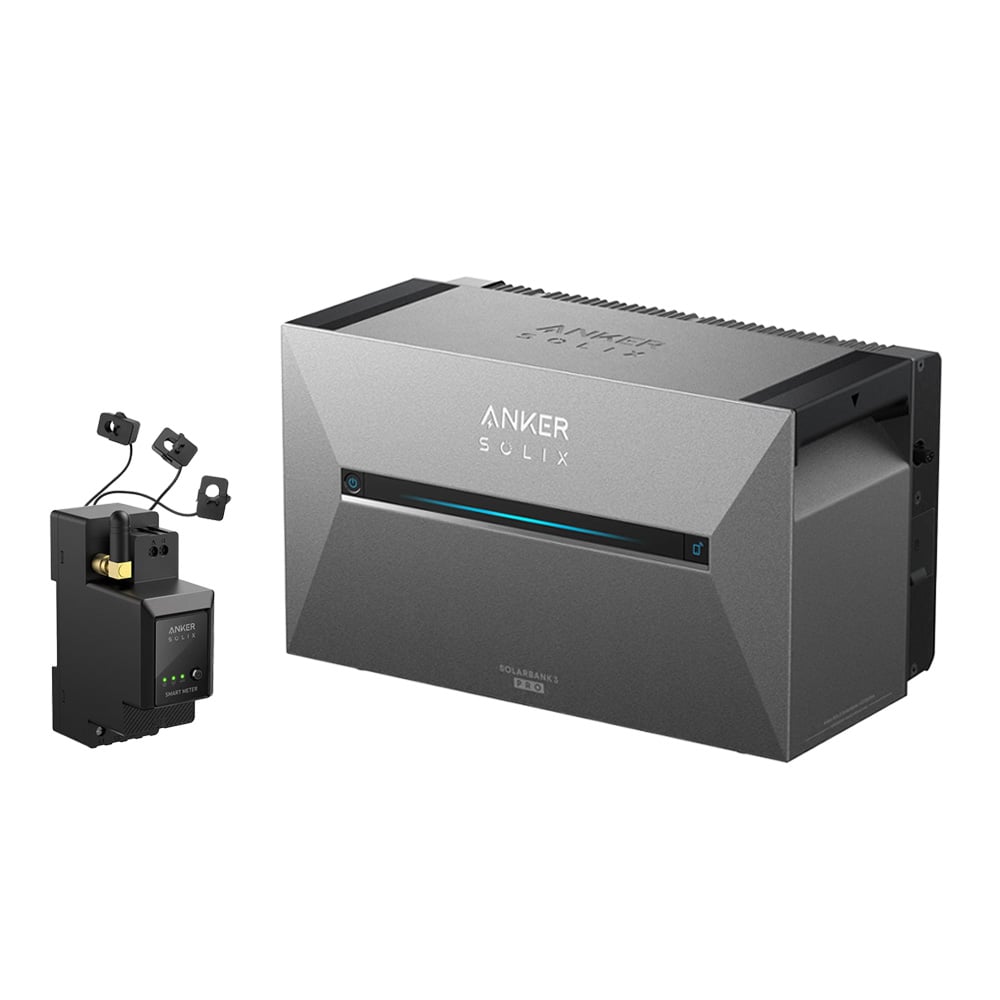 Setansicht: Schwarzer Anker Solix Stromzähler inklusive 3 Stromwandlern, daneben die graue Anker Solix 3 Solarbank Pro E2700