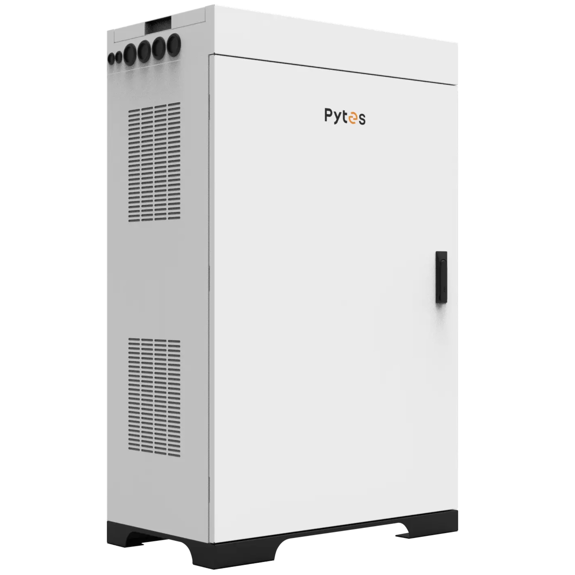 weißer Batterieschrank mit Pytes Logo schräge Frontansicht links