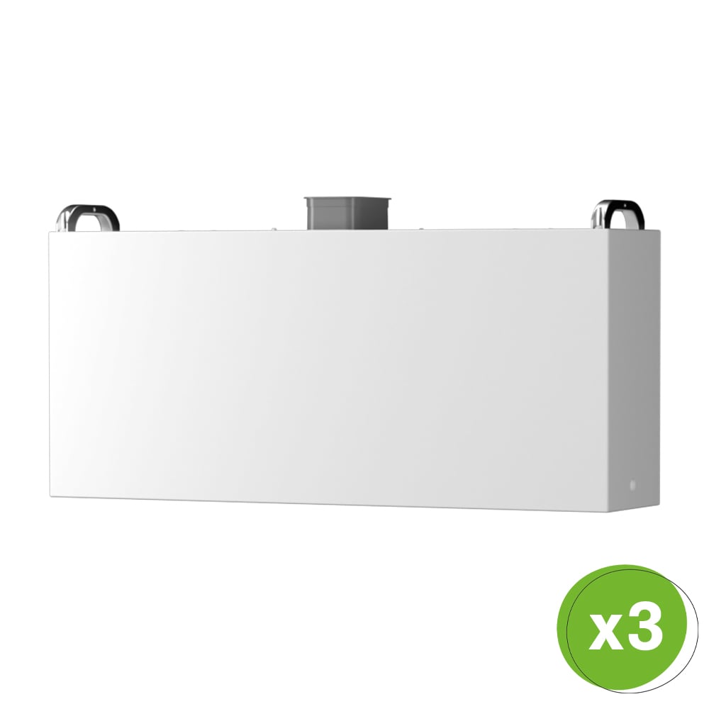 Schrägansicht des weißen, rechteckigen SolaX TP-HS50E Hochvolt-Batteriemoduls, Mengenangabe "x3" Schrägansicht des weißen, rechteckigen SolaX TP-HS50E Hochvolt-Batteriemoduls, Mengenangabe "x3"