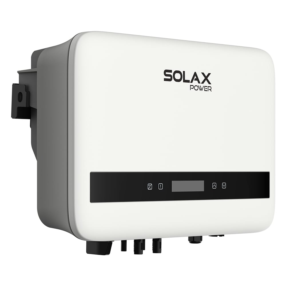 Schrägansicht von links: weiß/schwarzer Solax X1-BOOST-6K-G4 PV-Wechselrichter mit Display