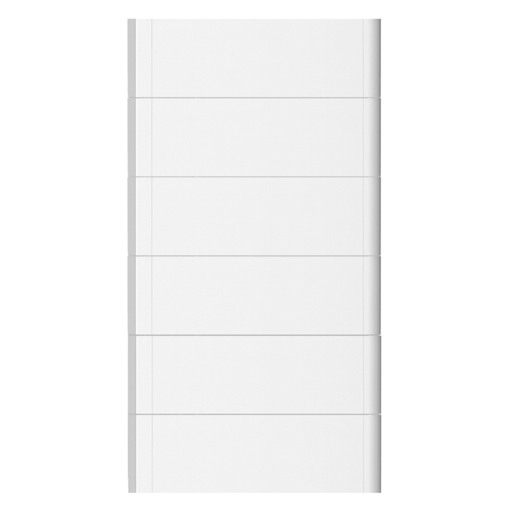 Frontansicht sechs weißer, rechteckiger Haier Smart Cube Batteriemodule übereinander
