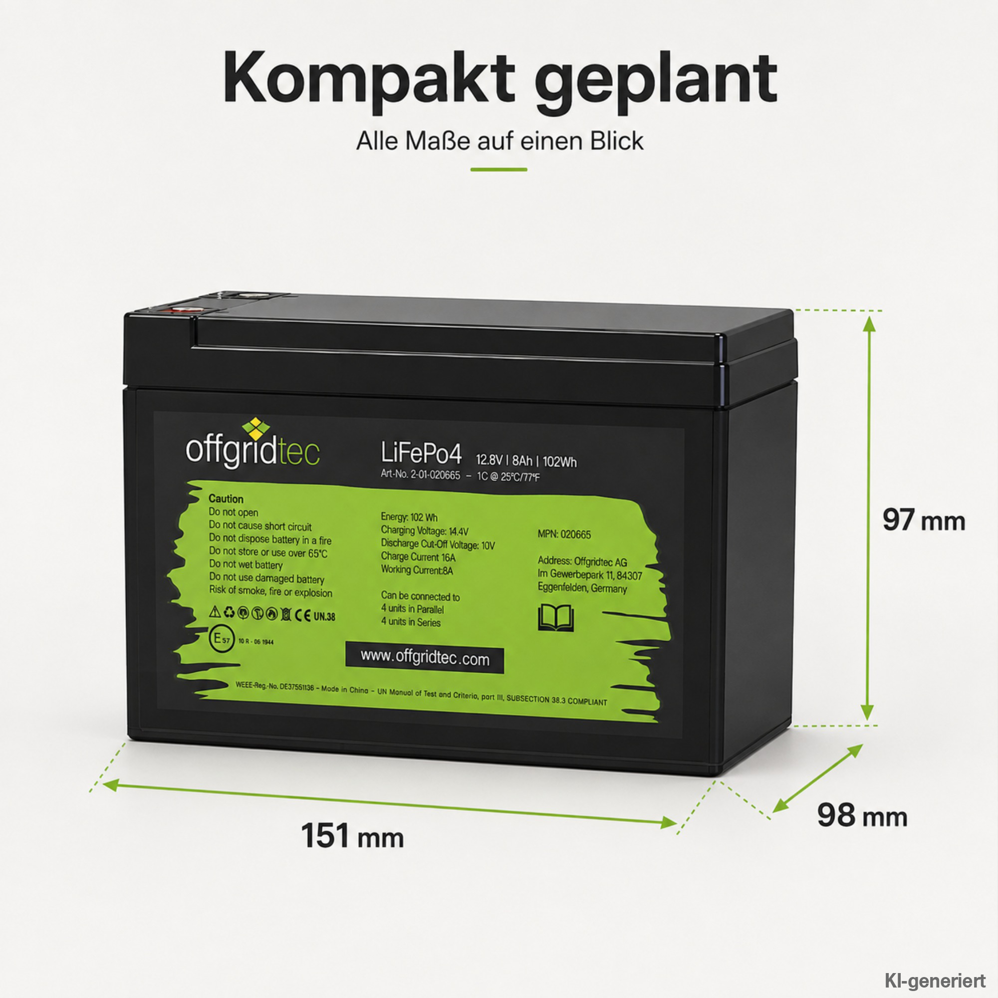 schwarze Offgridtec Batterie 12V 8Ah Abmessungen