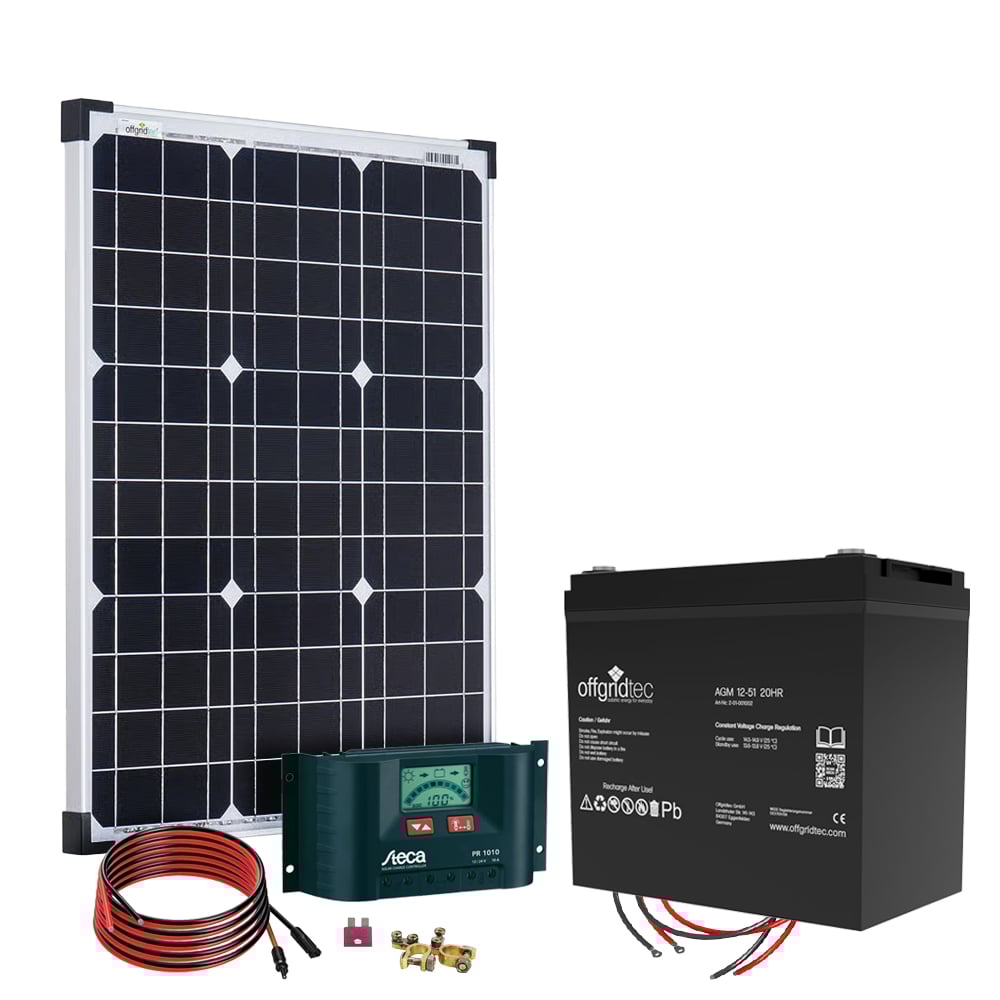 Setansicht: Offgridtec Solarmodul und Batterie, Steca Laderegler mit Display, Kabel, Sicherung und Polklemmen