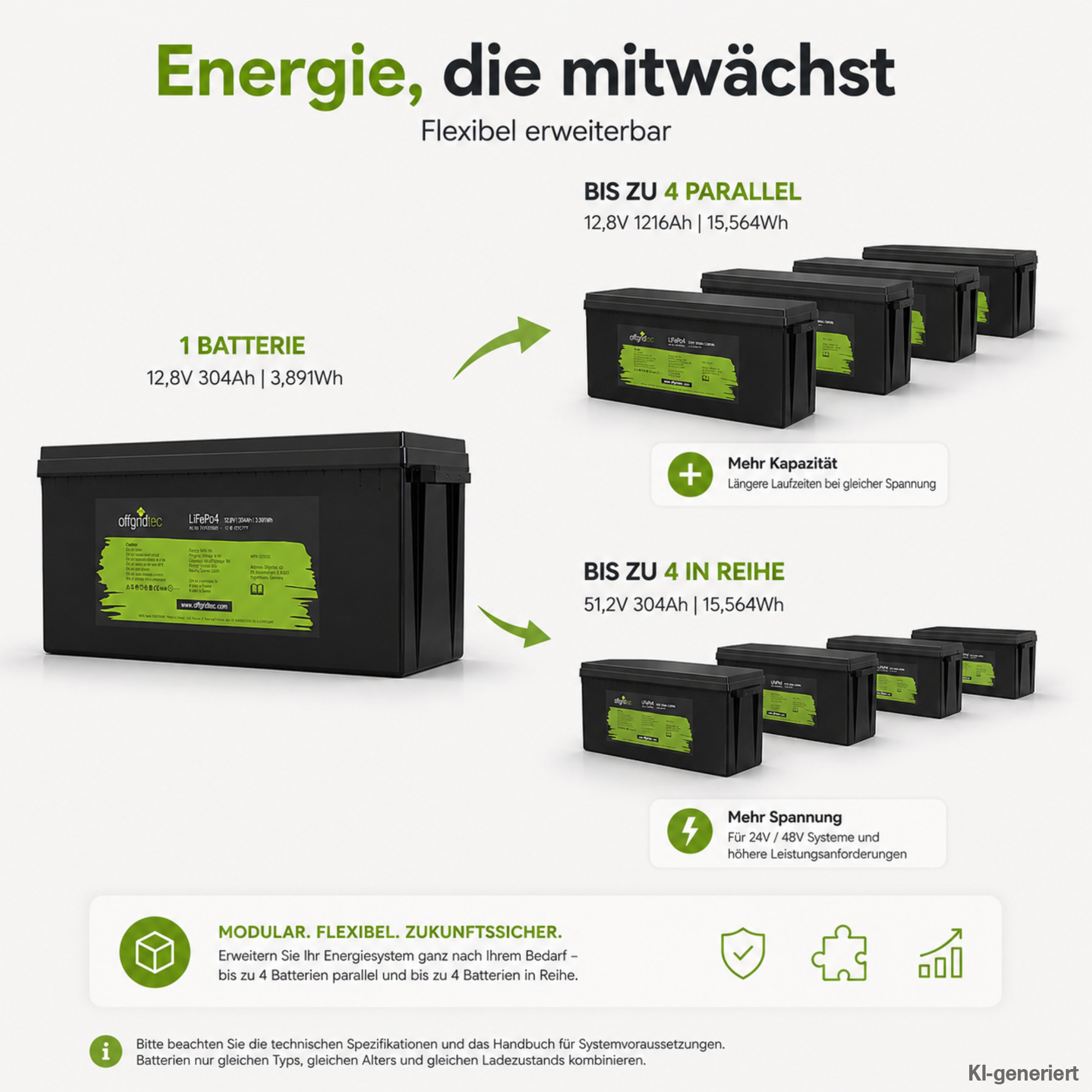 schwarze Offgridtec LiFePO4 Batterie 12V 300Ah Erweiterungsmöglichkeiten parallel und in Reihe