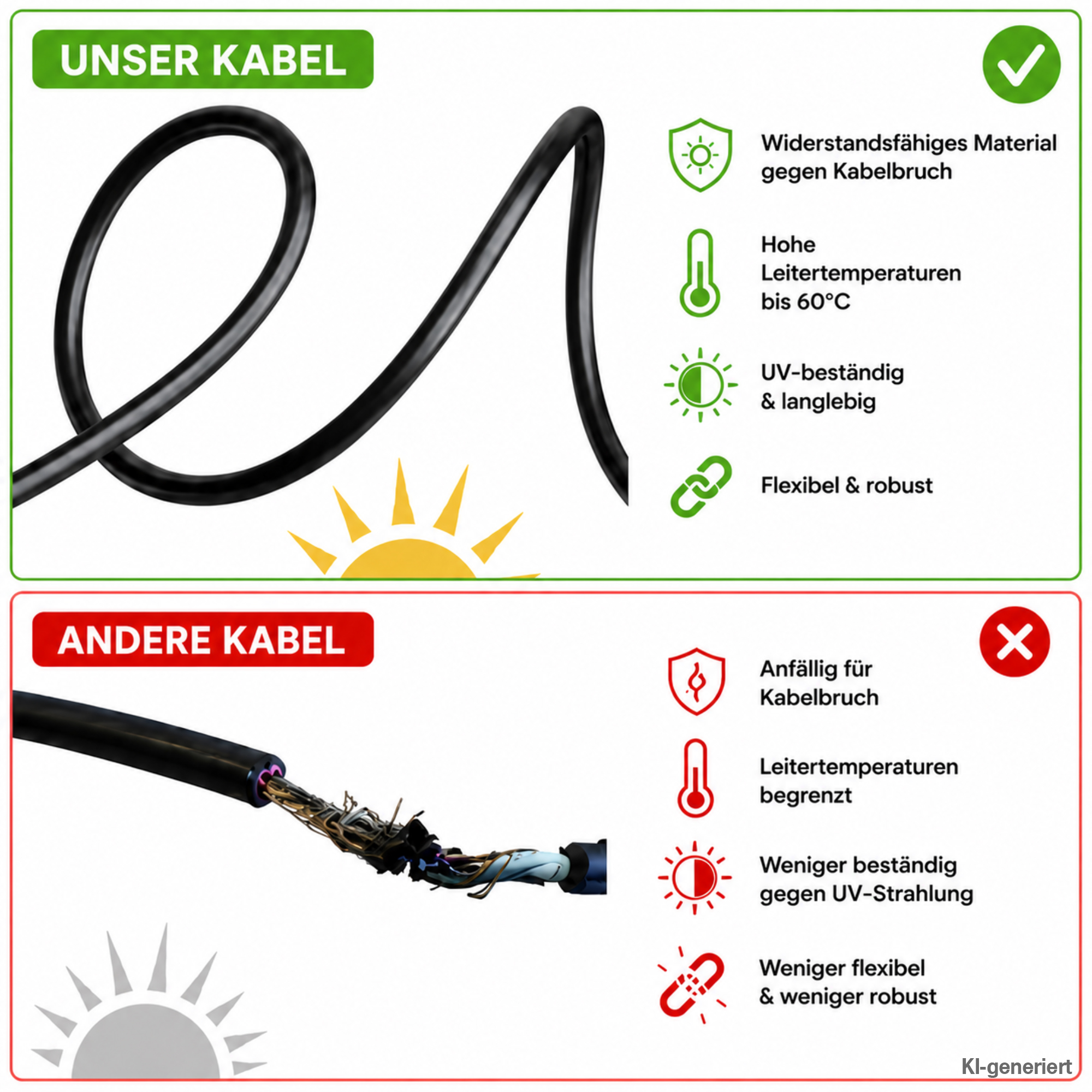 Gegenüberstellung von Eigenschaften des angebotenen 15m 4mm Kabels zu anderen Kabeln