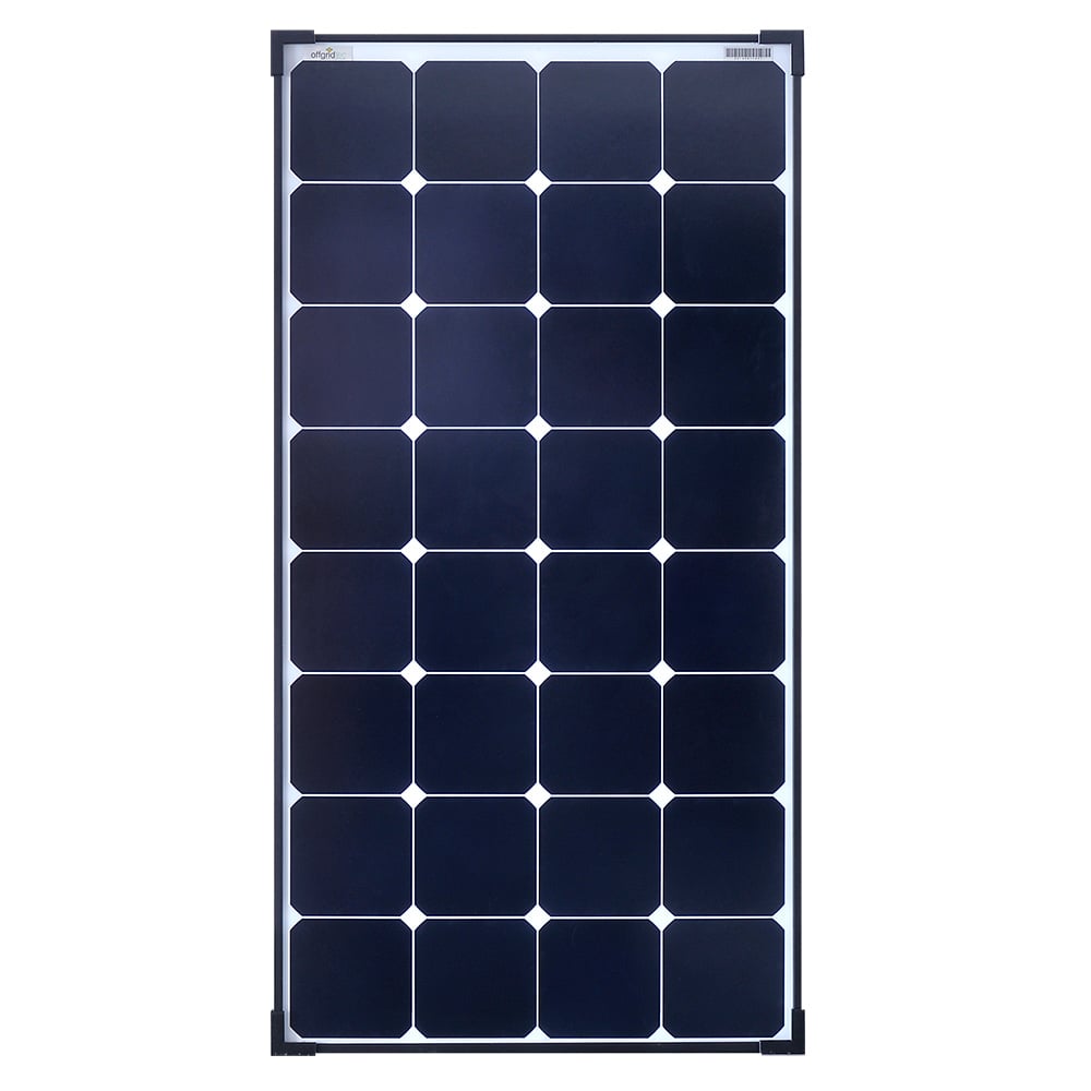 Solarmodul mit blauen Zellen und schwarzen Rahmen in Frontansicht