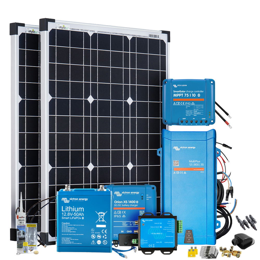 Setansicht: 2 Solarmodule, Victron Batterie mit passendem BMS, MultiPlus, SmartSolar, Orion XS und umfangreichem Zubehör