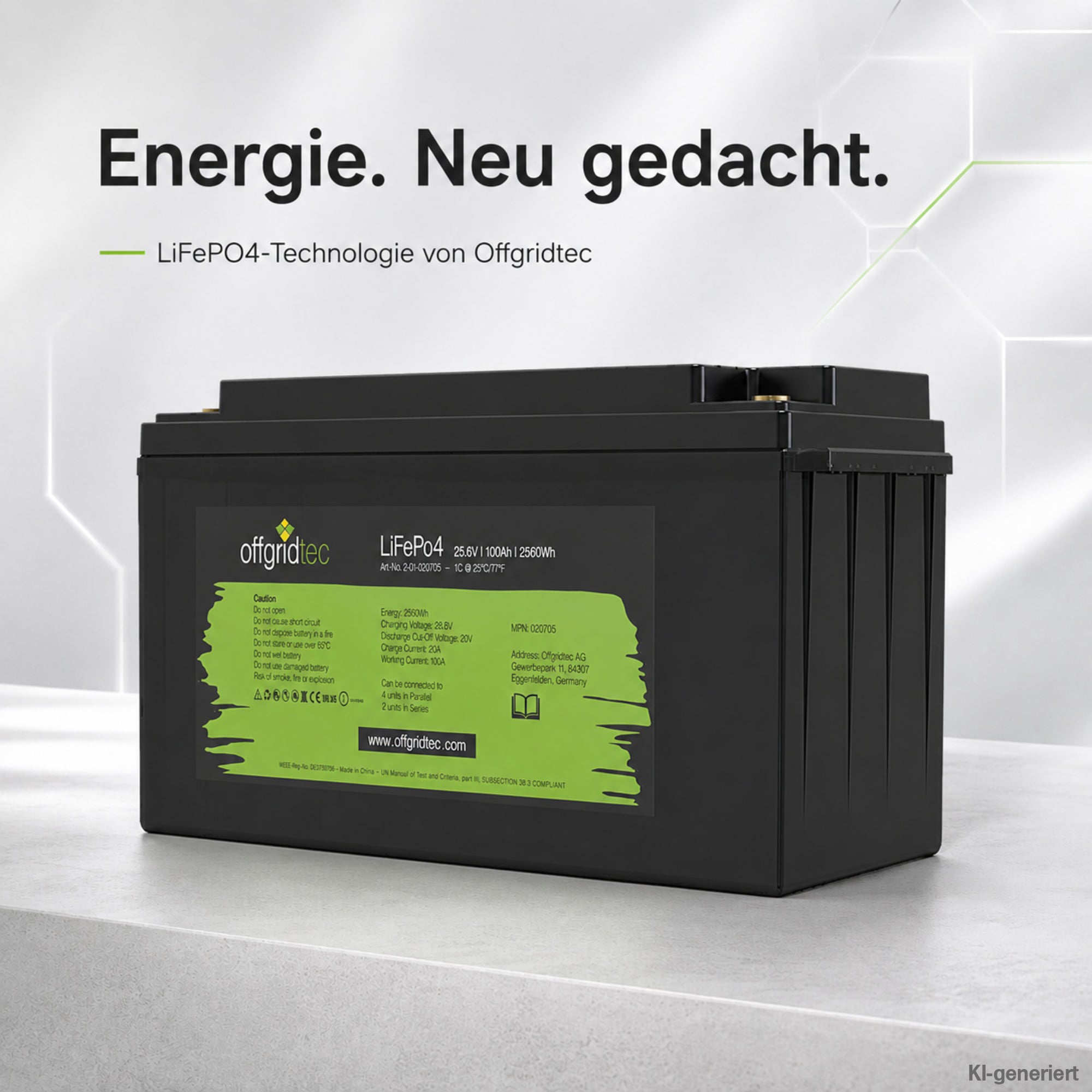 schwarze Offgridtec LiFePO4 Batterie 24V 100Ah auf grauem Untergrund