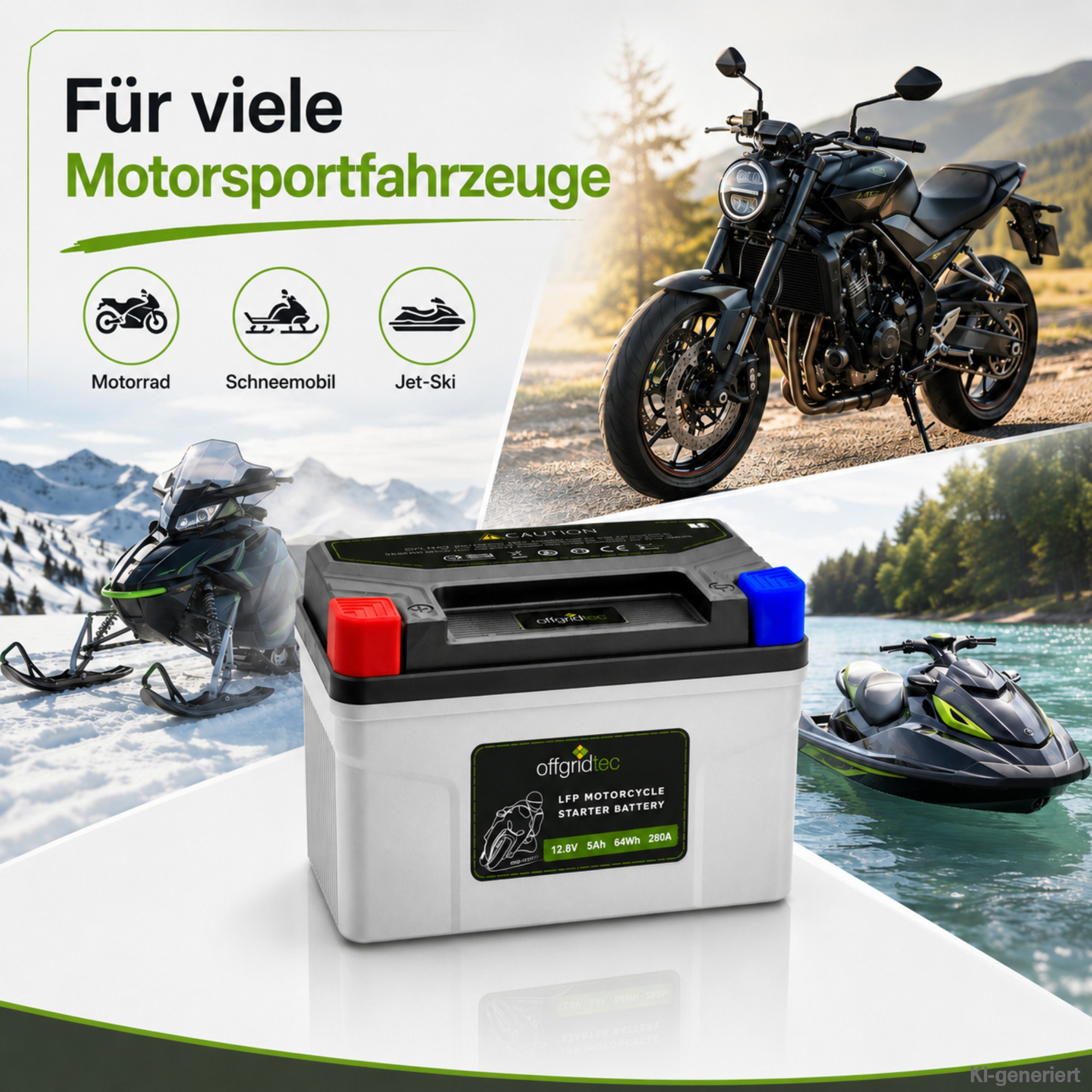 graue Motorradbatterie - mit verschiedenen Motorsportfahrzeugen