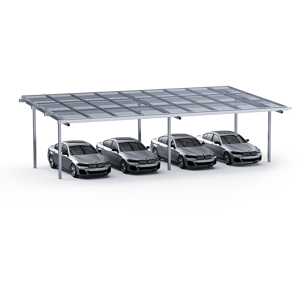 Frontansicht Carport mit geparkten Autos und transparenten PV-Modulen