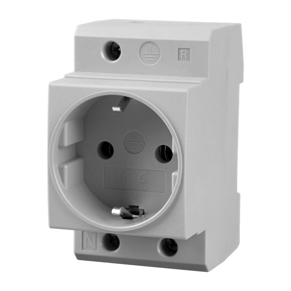 Schrägansicht: Hellgraue Offgridtec Schuko-Steckdose für Hutschienenmontage