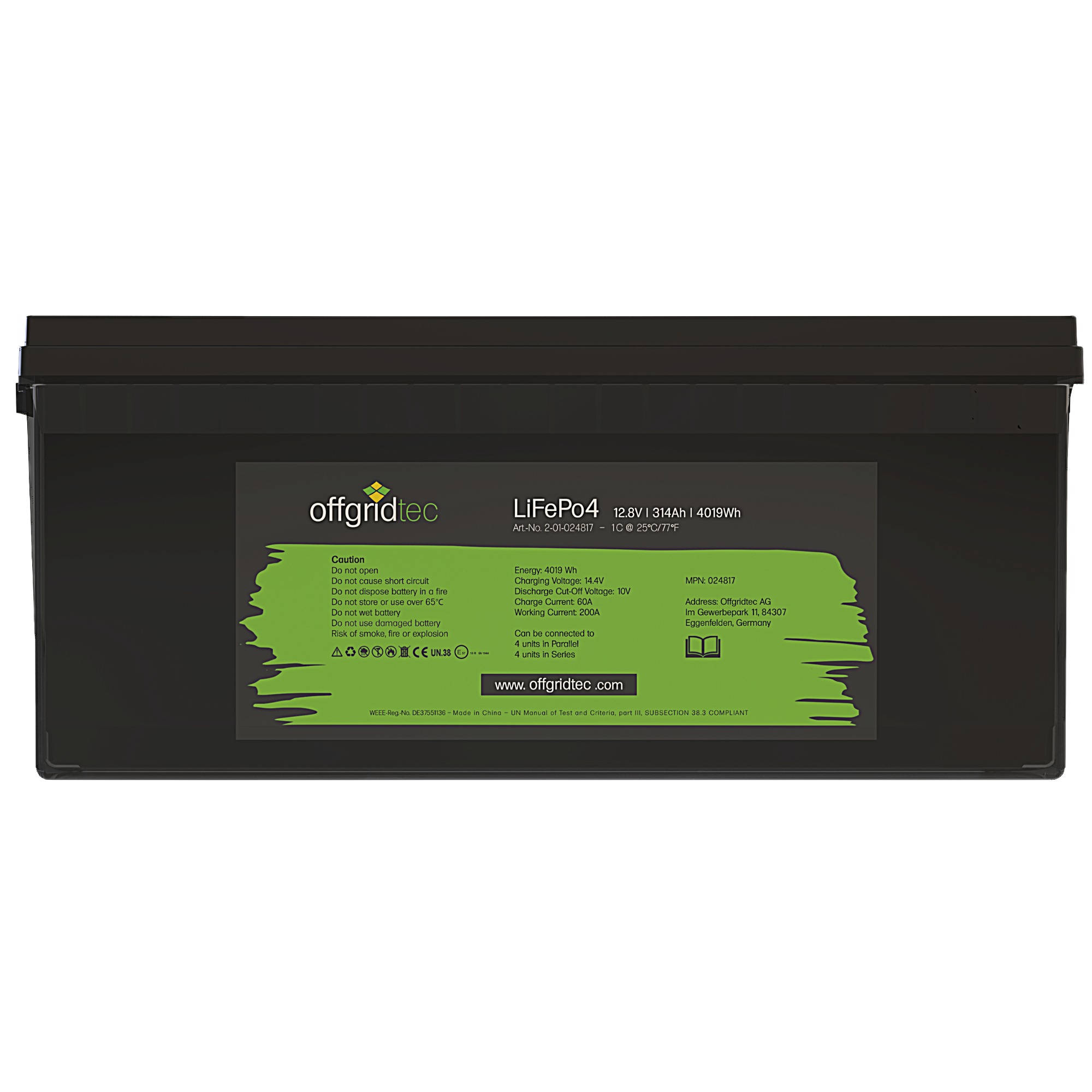 schwarze Offgridtec LiFePO4 Batterie 12V 314Ah Frontalansicht Etikett