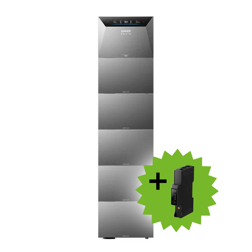 Anker Solix 4 Solarbank E5000 Pro mit fünf Erweiterungsakkus BP5000 und einem Smart Meter Gen 2 dreiphasig als Produktabbildung vor weißem Hintergrund