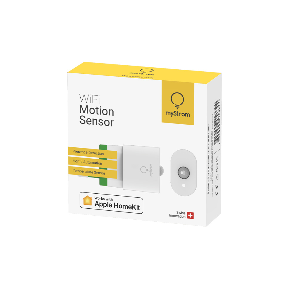 MyStrom WiFi Motion Sensor in seiner quadratischen, weiß-gelben Verpackung