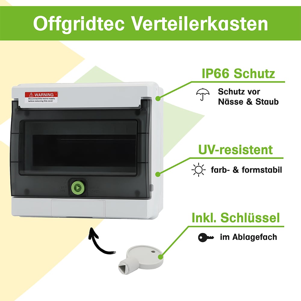Infografik: Verteilerkasten 9 Eingänge: IP66 Schutz, UV-Resistenz, Inklusive Schlüssel in herausnehmbarem Schubfach