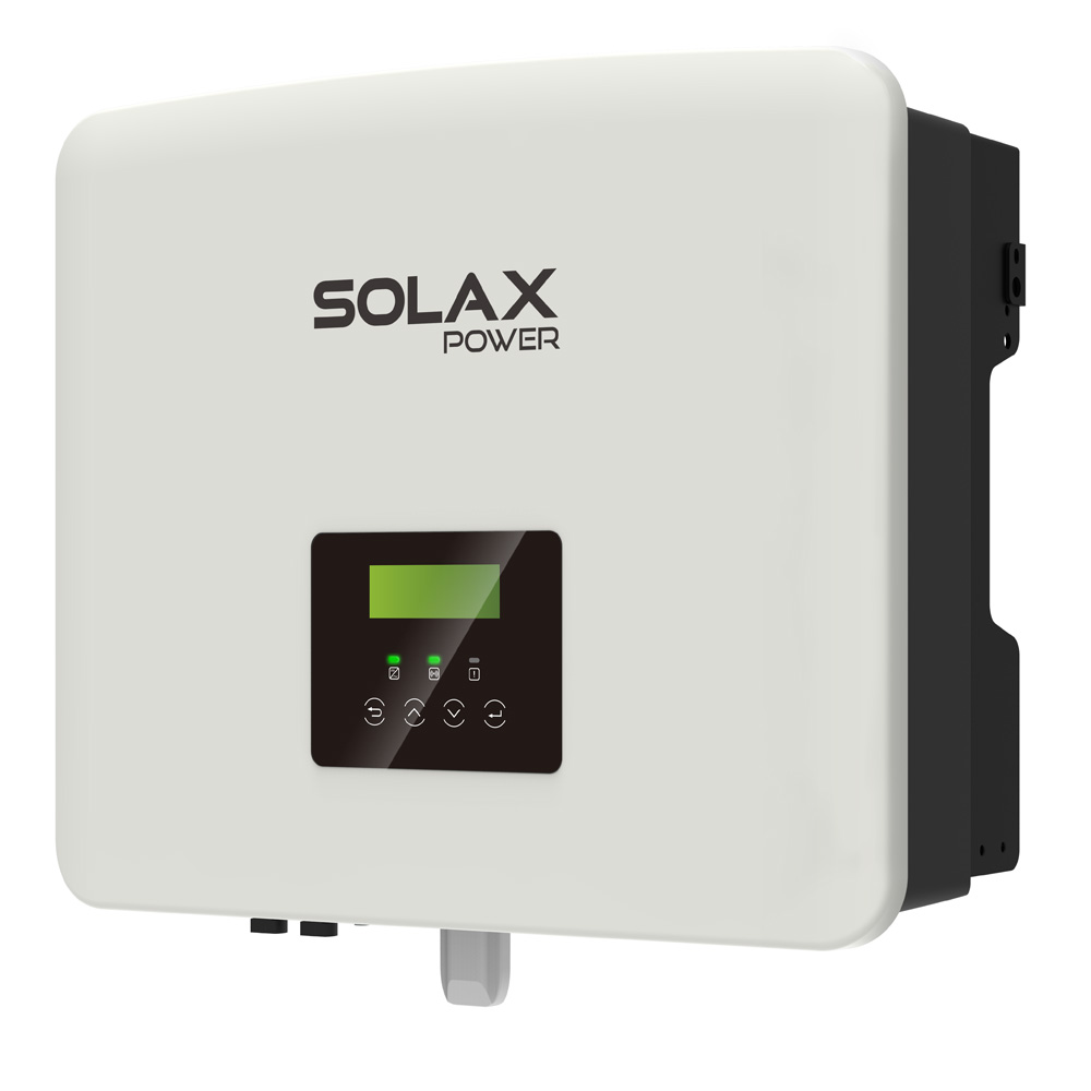 Schrägansicht von rechts: Solax X1 Hybrid-3.0-D G4 Hybrid-Wechselrichter mit Display, Bedienfeld und Anschlüssen & Logo
