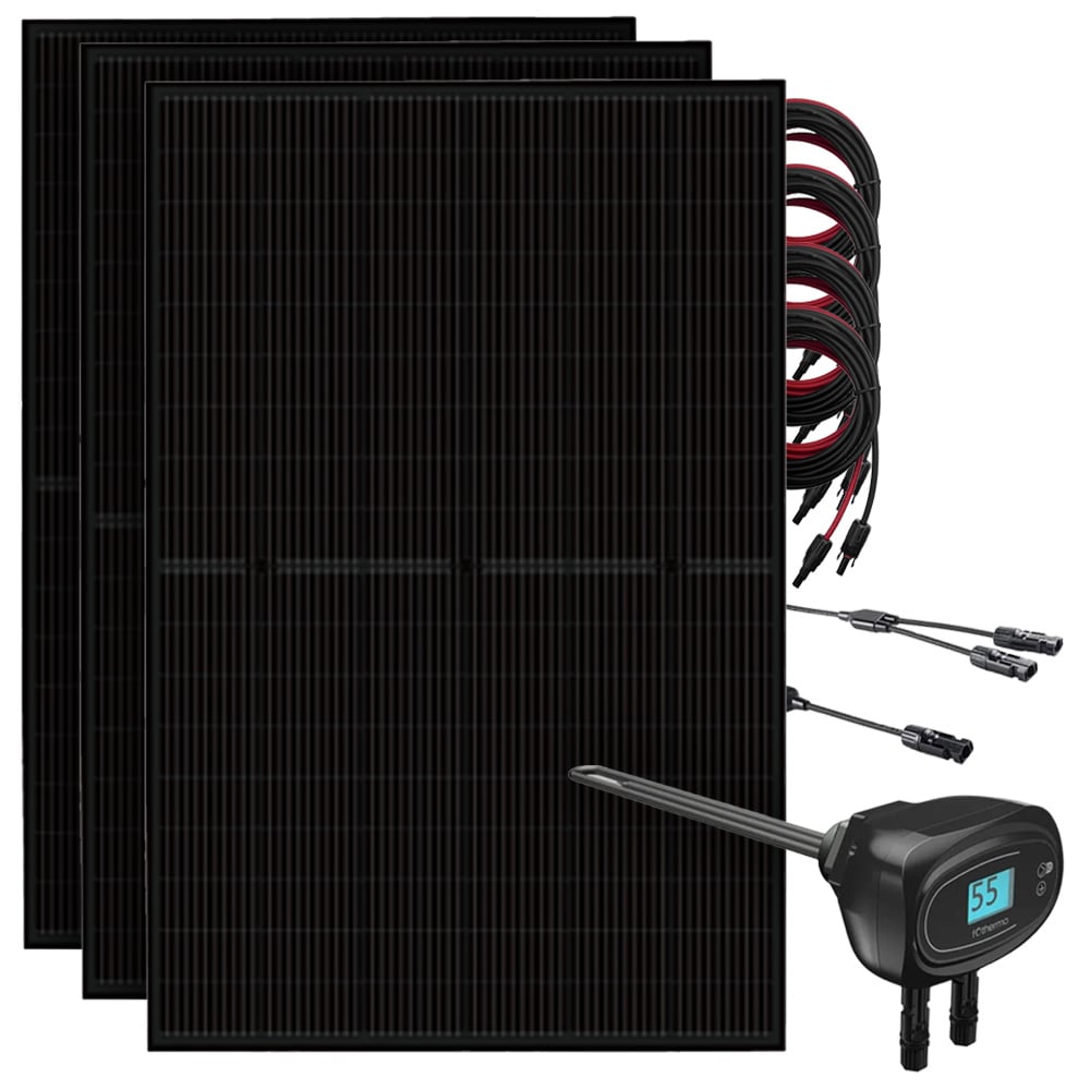 Setansicht: Drei Full-Black Solarmodule, Heizstab, vier MC4-Kabel und zwei Y-Abzweigbuchsen mit Verlängerung