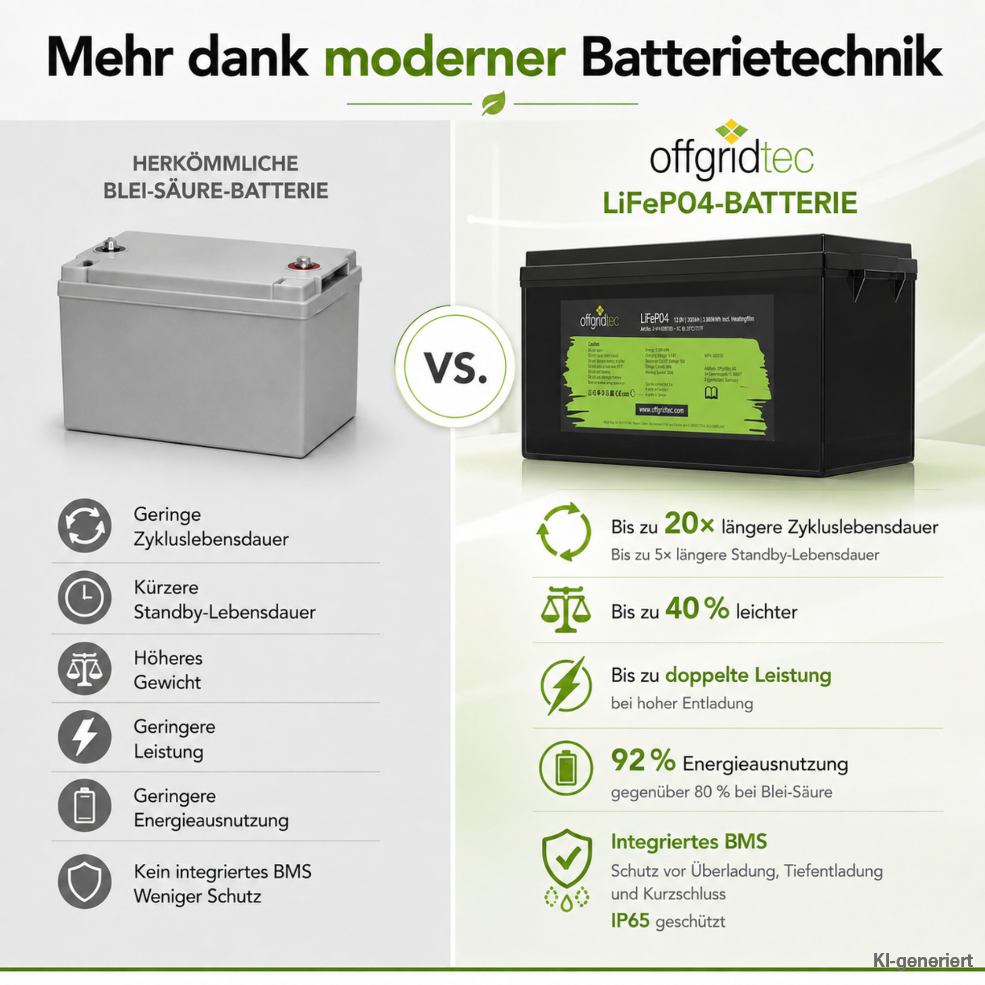 schwarze Offgridtec LiFePO4 Batterie 12V 304Ah mit Heizmatte Vergleich mit Blei-Säure-Akku