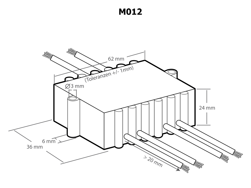 Technische Zeichnung des schwarzen Kemo Leistungsreglers M012 mit Abmessungen: 62x24x36mm