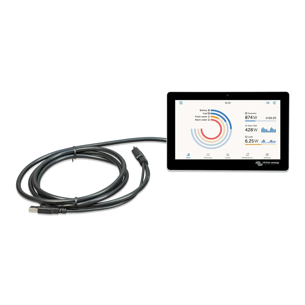 Frontansicht: inaktives GX Touch 70 Flush Display mit aktivem Bildschirm und angestecktem Kombikabel mit HDMI und USB-Stecker