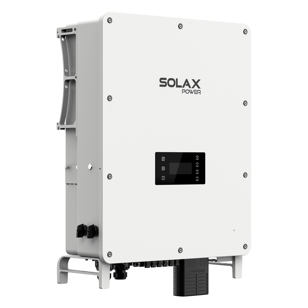 Schrägansicht von links: weißer Solax AEOLIO Energy Storage; schwarzes Bedienfeld mit Display & Anschlüsse unten und seitlich