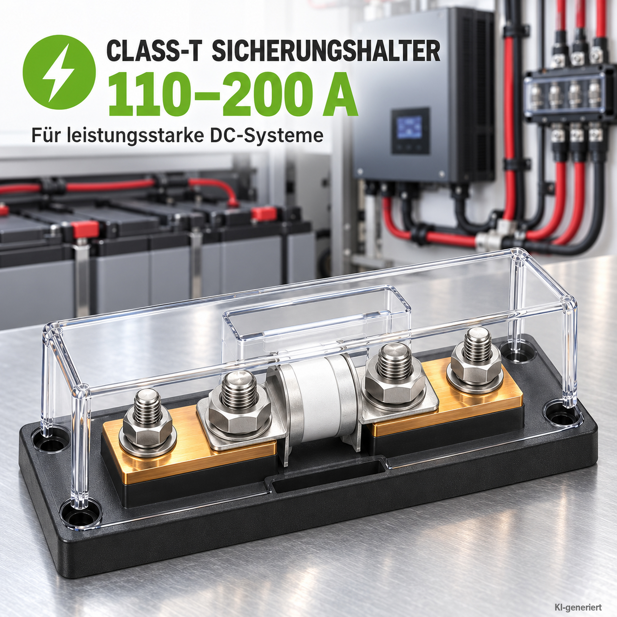 Class-T Sicherungshalter bis 200A auf grauer Oberfläche in Installationsumgebung