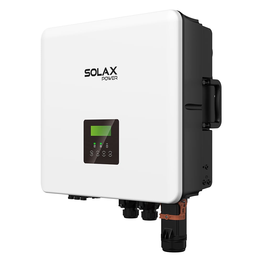 Schrägansicht von rechts: weiß/schwarzer Solax X3 HYBRID G4 PRO 15kW Hybrid-Wechselrichter mit Display, Anschlüssen und Griff