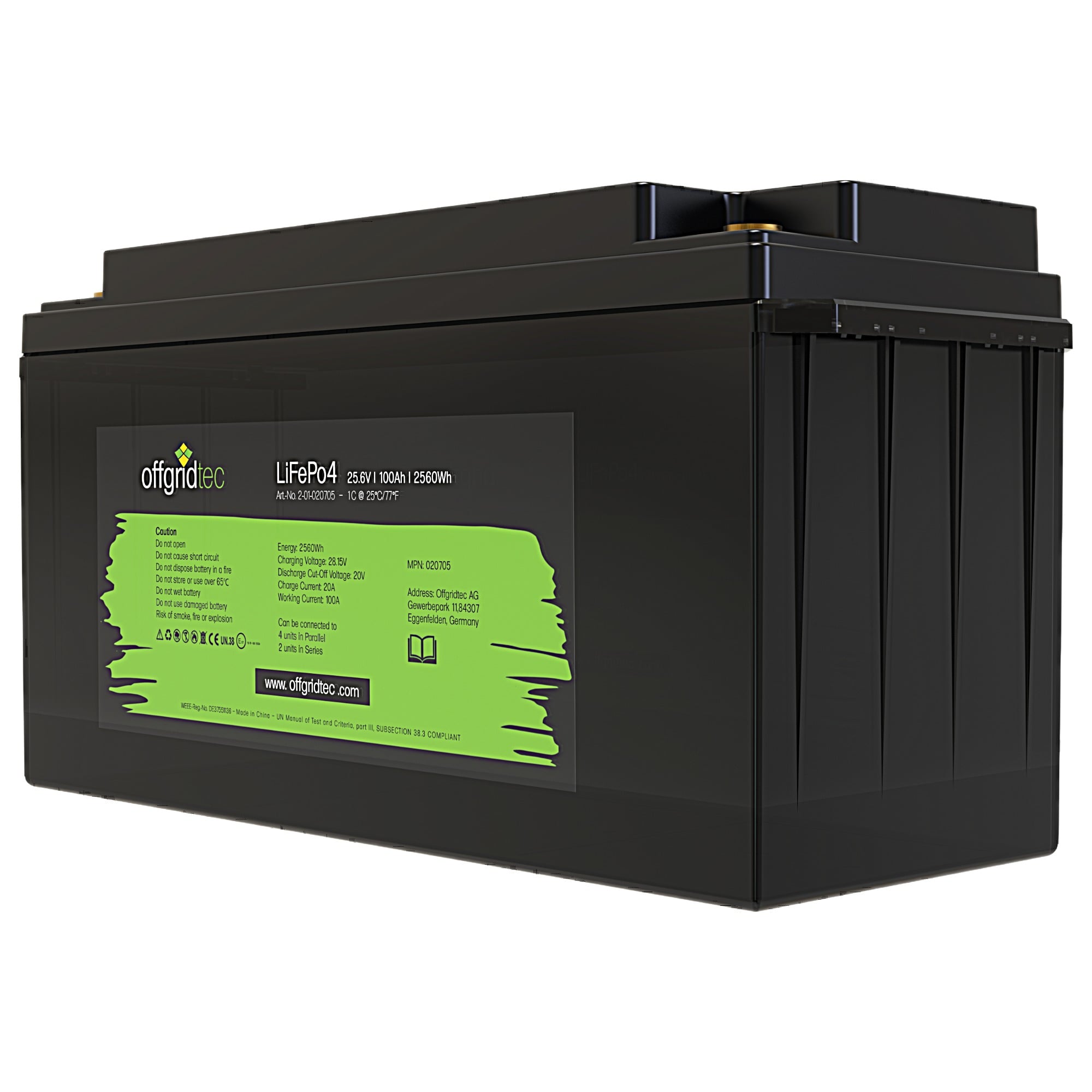 schwarze Offgridtec LiFePO4 Batterie 24V 100Ah schräge Frontansicht rechts