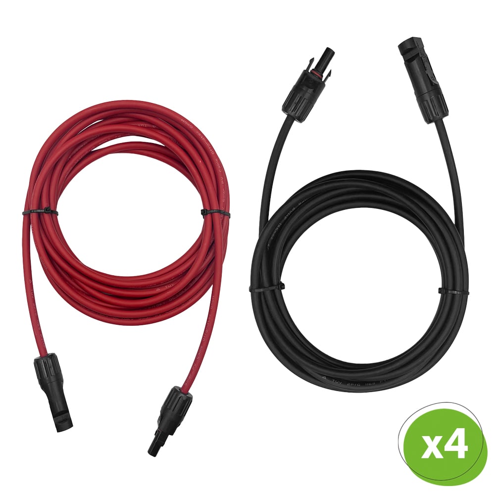 Set aus einem roten & schwarzen aufgewickelten Solarkabel mit MC4-Steckern beidseitig; unten rechts ist die Mengengabe "x4"