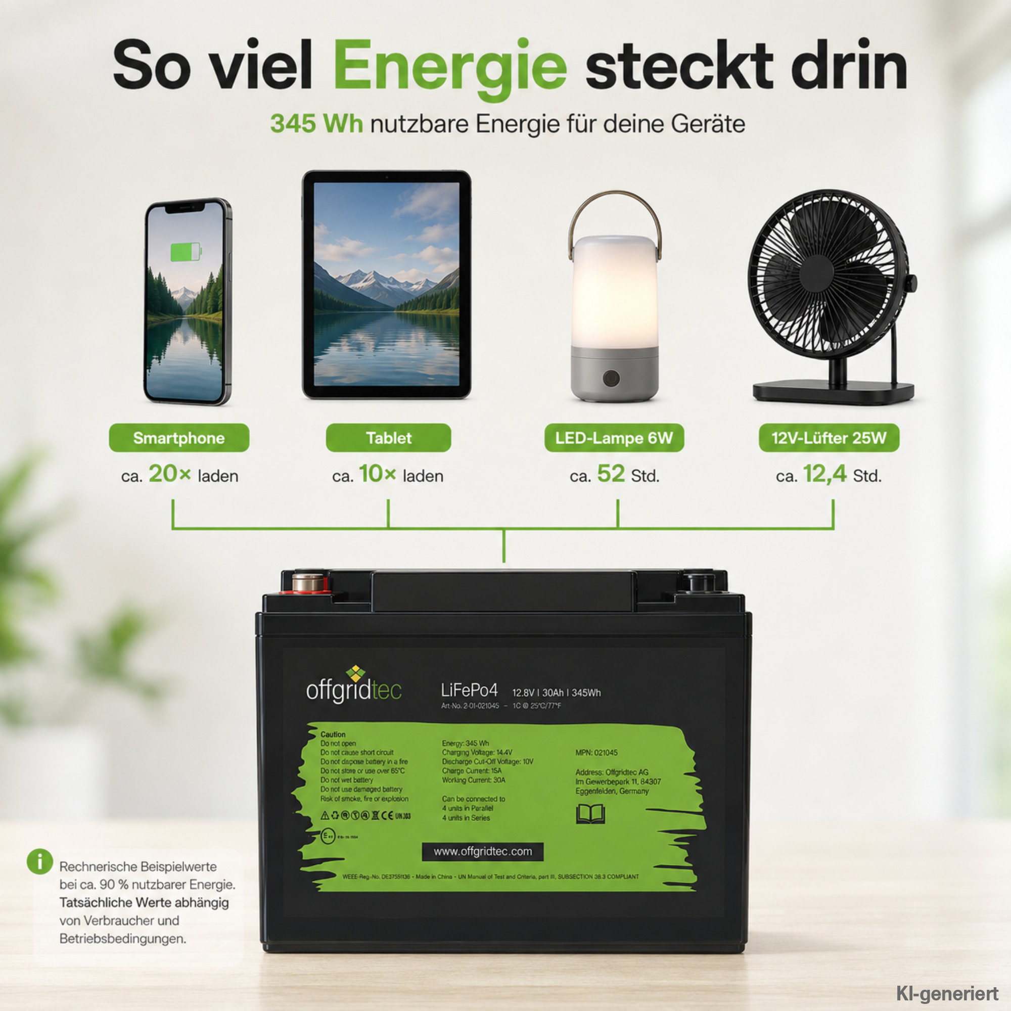schwarze Offgridtec LiFePO4 Batterie 12V 30Ah Energieberechnung