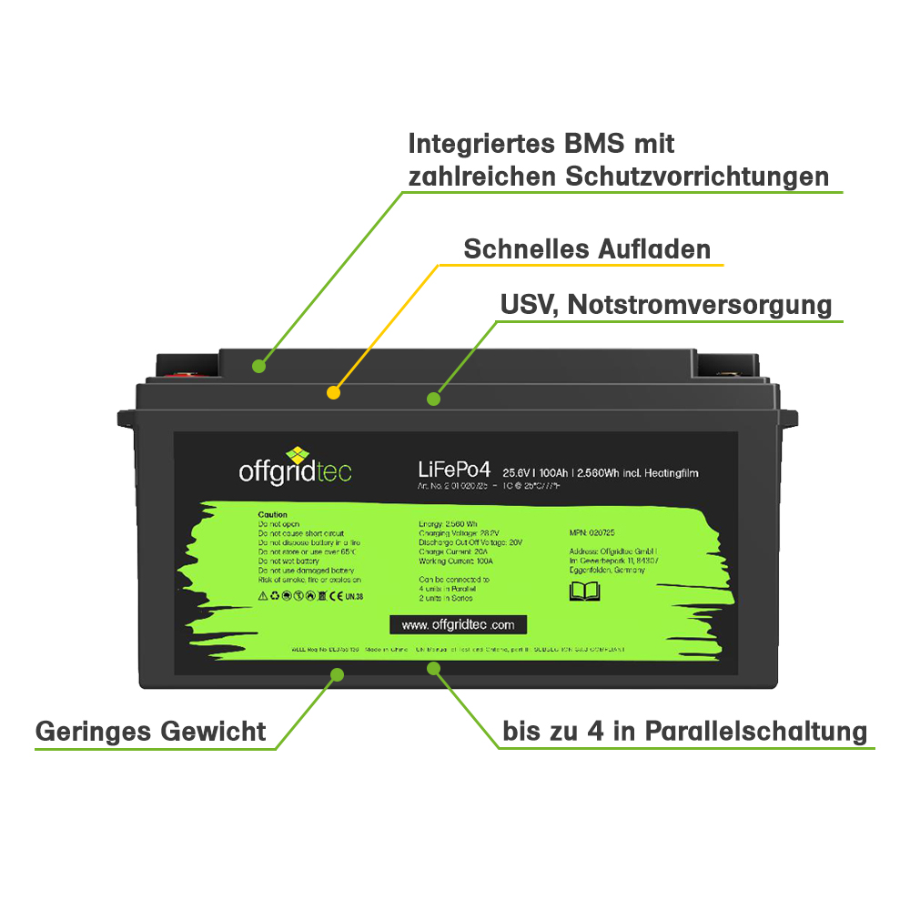 Offgridtec LifePO4 battery 25.6/100 25.6V 100Ah with BMS and heating mat 2560Wh