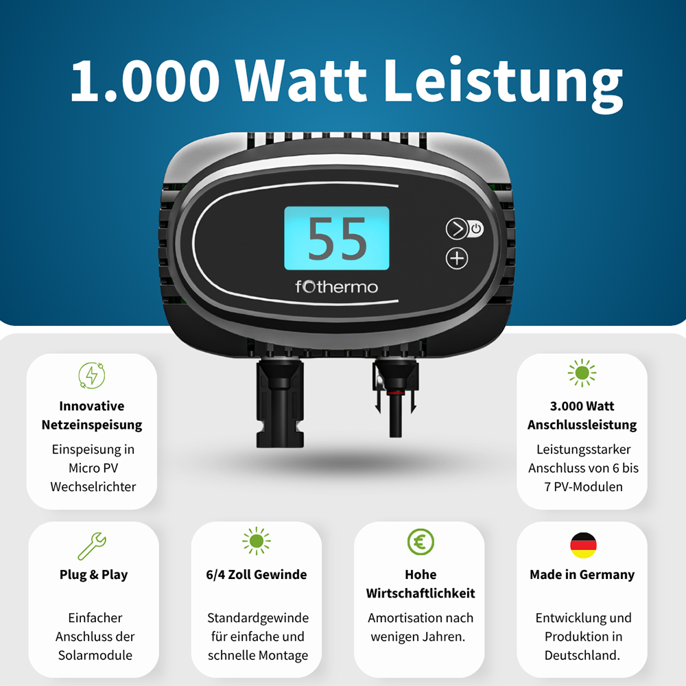 Fothermo photovoltaic 1kW heating element in boiler and hot water tank