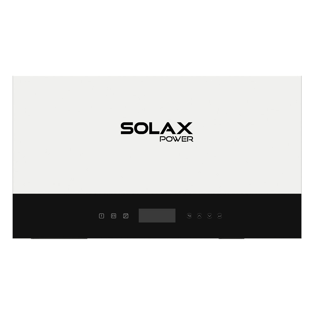 Frontansicht: rechteckiger, weißer Solax X3-IES-4K Inverter, schwarzes Bedienfeld, Display und Solax Logo