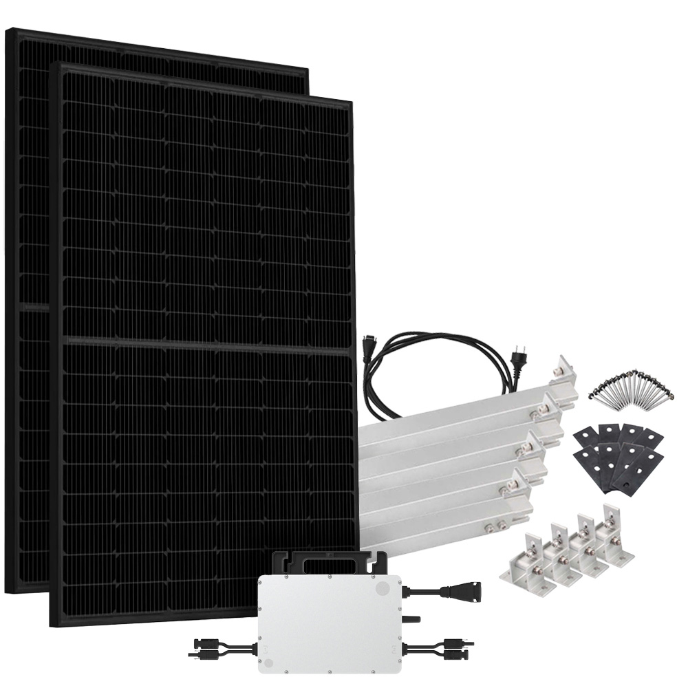 Offgridtec® Solar-Direct 900W HMS-800-2WB Balcony Power Plant, Bifacial, Full Black, Schuko Outlet - 15m - Mounting Kit for Flat Roofs