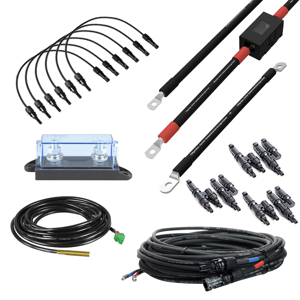 Übersicht über alle Zubehörteile: Kabel, Sicherungshalter, Abzweigbuchsen