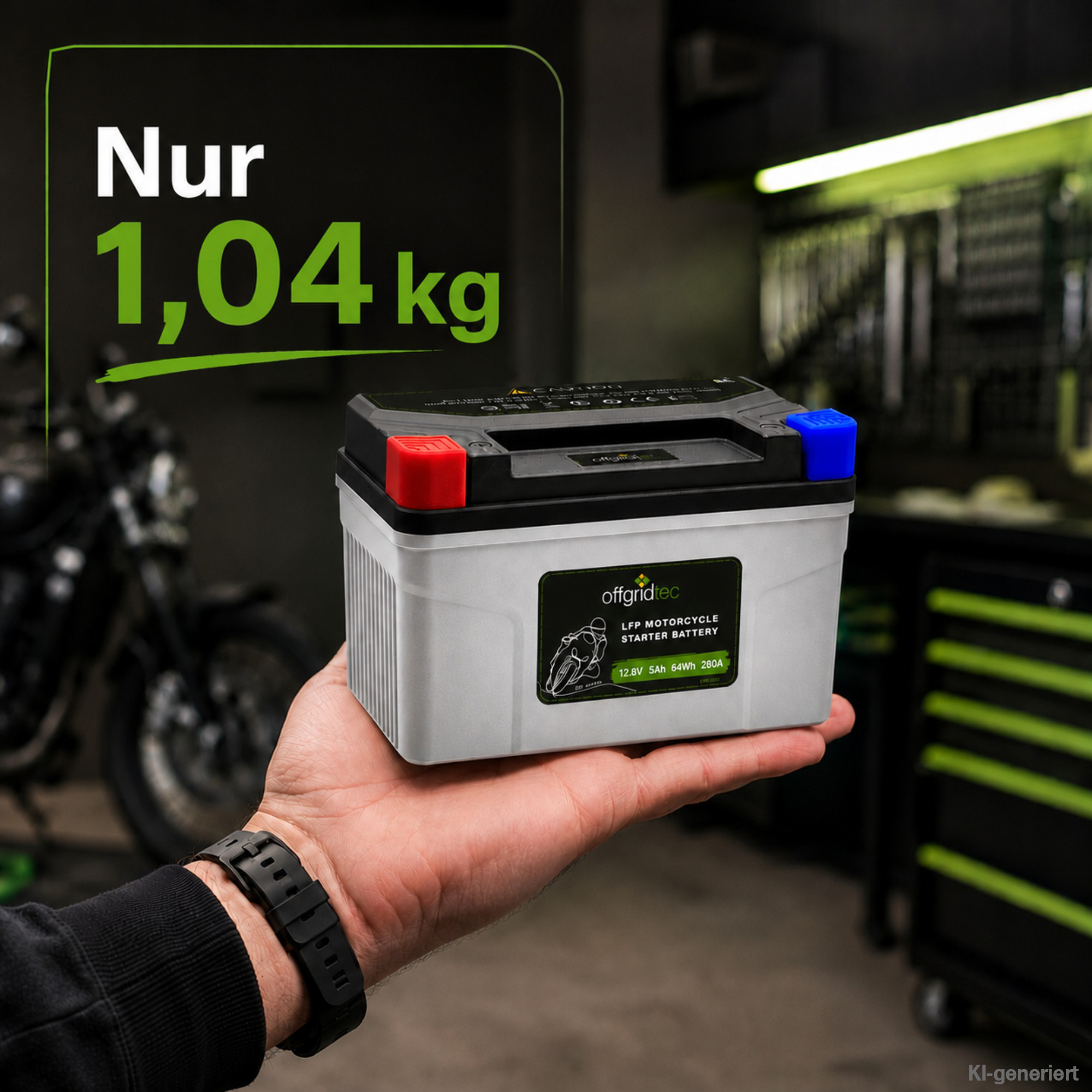graue Motorradbatterie auf Hand, Nur 1,04 kg