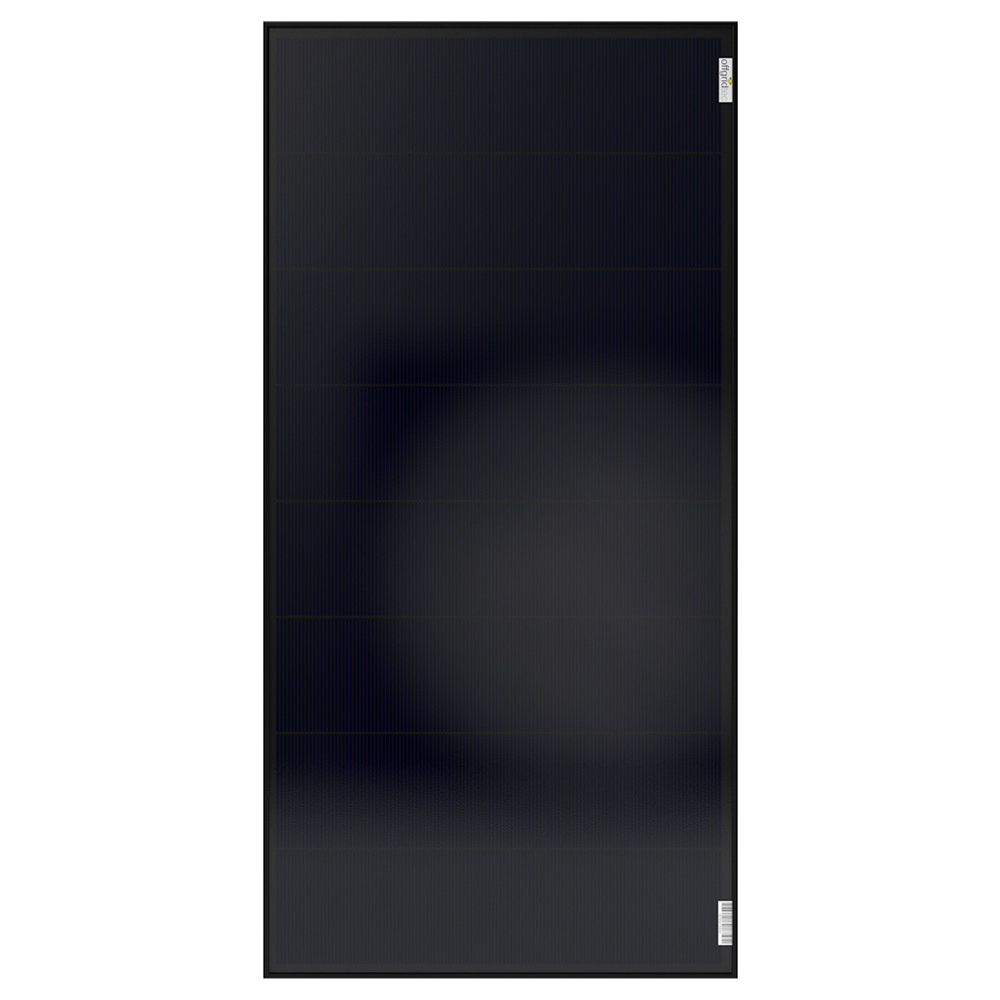 Solarmodul in Front-Ansicht mit schwarzen Rahmen und Zellen